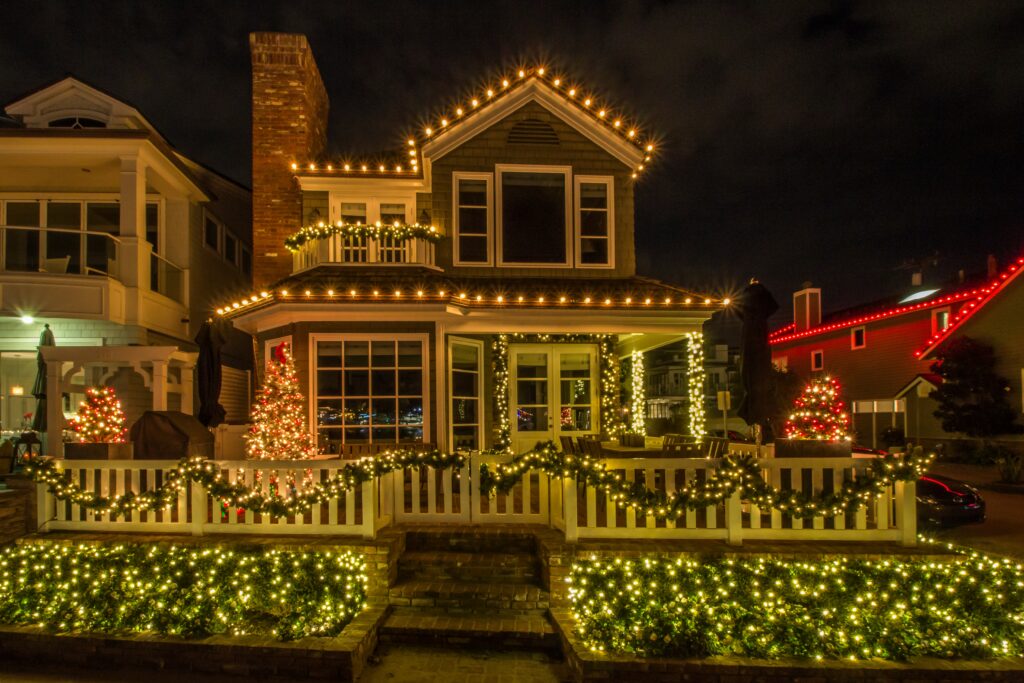 Suburban home in Cleveland, OH, with outdoor holiday lights installed.